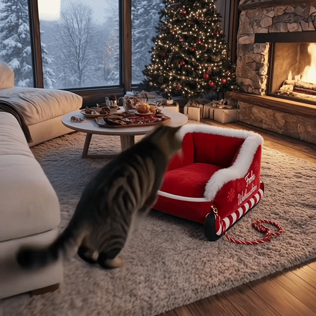 Katze springt in den Weihnachtsschlitten